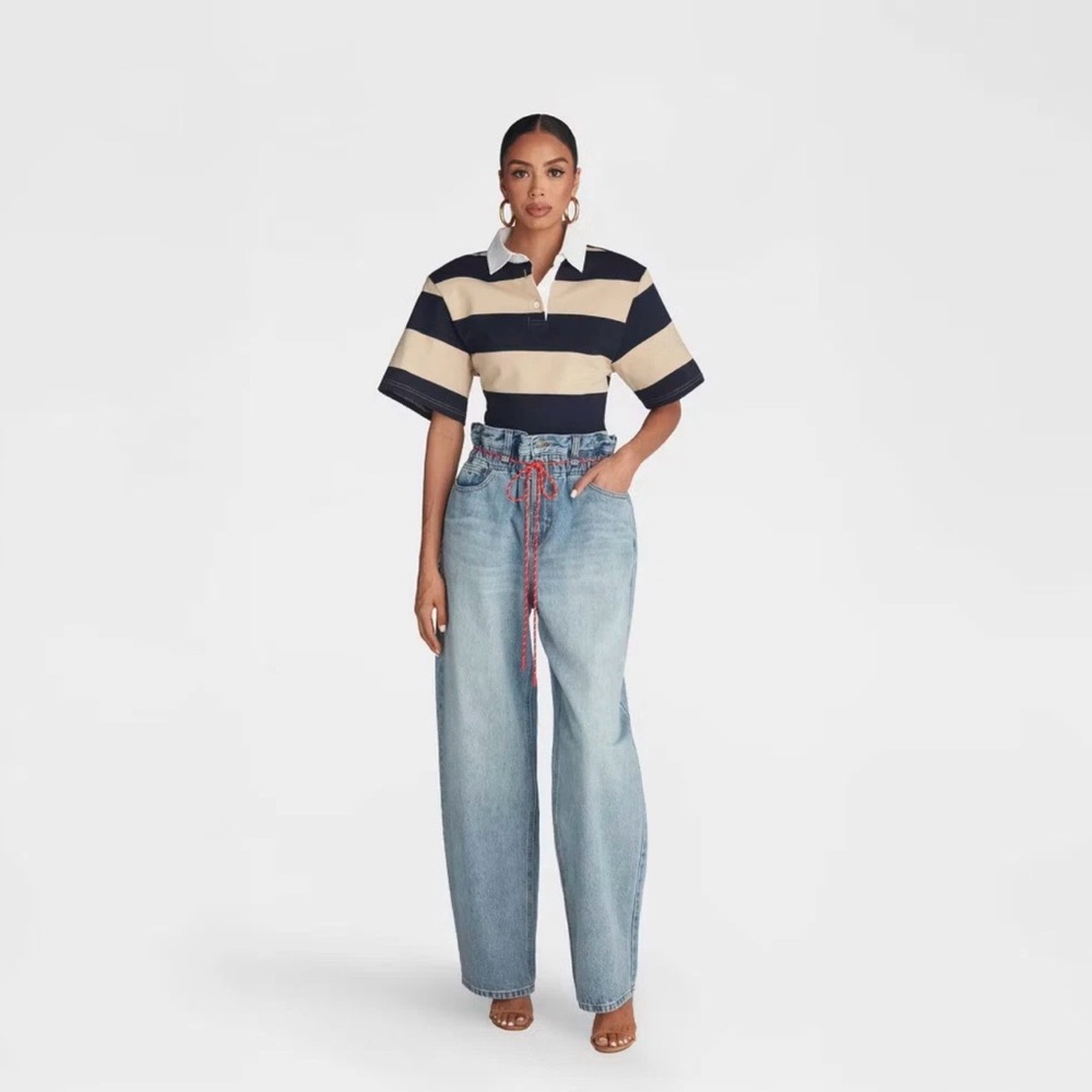 Striped Rugby Polo Short Sleeve Top - Navy & Cream